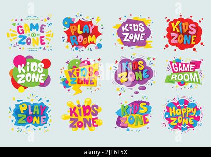 Kids Zone Entertainment Set Kinderes Banner Label Aufkleber Abzeichen Logo. Cartoon buntes Logo für Kinder Spielzimmer Dekoration, Kinder Zone Vektor Stock Vektor