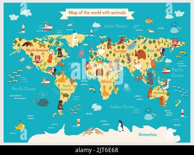 Welt-Wildlife-Karte mit Tieren und Pflanzen aus verschiedenen Kontinenten. Geographie für Kinder. atlas der Welt mit Kontinenten und Ozeanen Stock Vektor