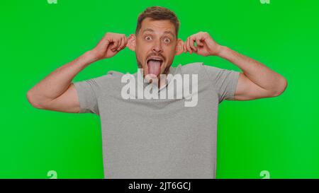 Bärtig hübscher lustiger Mann in T-Shirt, der verspielte, dumme Gesichtsausdrücke macht und Grimassen, herumtöricht und Zunge zeigt. Erwachsene männlich Kerl isoliert allein auf Chroma-Schlüssel Studio Hintergrund drinnen Stockfoto
