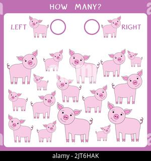 Zählen Sie, wie viele Schweine nach links und rechts gehen und schreiben Sie das Ergebnis auf Stockfoto