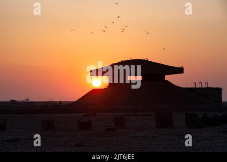 Pagodenlabor auf Orfordness bei Sonnenaufgang Stockfoto