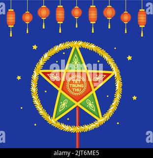Traditionelle vietnamesische Sternlaterne (Đèn Ông Sao). Tết Trung Thu bedeutet Mid-Autumn Festival in Vietnam. Banner mit Papierlaternen bei Nacht. Vektorgrafiken Stock Vektor