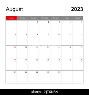 Wandkalender-Vorlage für August 2023. Urlaubs- und Eventplaner, die Woche beginnt am Sonntag. Vektorvorlage. Stock Vektor