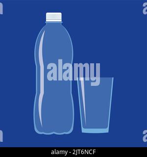 Leere transparente Kunststoffflasche und klares, ungefülltes Glas. Flaches Symbol auf blauem Hintergrund isoliert. Stilisierte Vektor-EPS10-Illustration mit Transparenz Stock Vektor