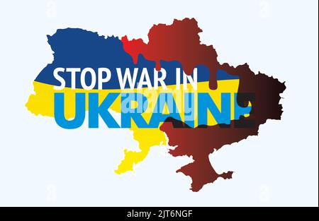 Karte der Ukraine mit blutigem Kriegsgebiet und ukrainischer Nationalflagge mit dem Slogan „Stop war in Ukraine“. Internationales Protestplakat. Banner ruft an, um zu stoppen Stock Vektor