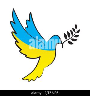 Flagge der Ukraine in Form einer Friedenstaube. Taube mit Olivenzweig. Das Konzept des Friedens in der Ukraine. Kein Kriegssymbol. Fliegende Vogel Zeichen in blau und y Stock Vektor