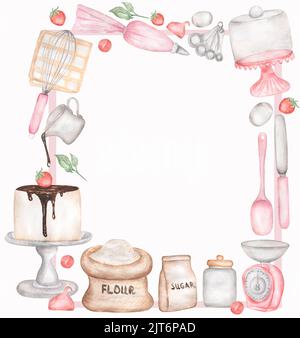 Aquarell handgezeichneter Rahmen mit Backwerkzeugen und Zutaten in Pink. Kochkranz-Schablonenkarten und Logo mit Küchenutensilien, Kuchen, Schneebesen, Spatzen Stockfoto