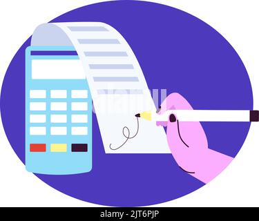 Handsignieren Sie die Rechnung oder den Beleg. Abstrakter Arm hält Stift und Dokument schreiben. Steuerformular oder digitales Zeichen, elektronische Anlage und Papiervektorelement Stock Vektor