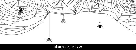 Schwarzes, isoliertes Spinnennetz-Banner. Spiderweb halloween Hintergrund mit Spinnen Silhouetten. Gruseliger Wandaufkleber, Netze auf weißen anständigen Vektorgrafiken Stock Vektor