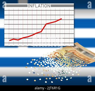 Tisch, mit steigender Inflation und einer 50-Euro-Banknote, die sich in Konfetti auflöst. Griechische Flagge im Hintergrund. (Keine echten Zahlen, nur Illustration). Stockfoto