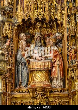 Jesus Junge im Tempel, Detail des Altaraufsteines der Hauptkapelle der Kathedrale von Sevilla Stockfoto