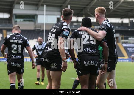 Hull, Großbritannien. 28. August 2022. Mitieli Vulikijapani #25 von Hull FC feiert seinen Versuch am 8/28/2022. Quelle: SIPA USA/Alamy Live News Stockfoto