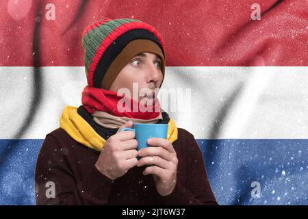 Der kalte Winter und die Folgen der Gassanktionen, die Folgen des Krieges in der Ukraine, der Gas- und Wärmemangel in den Niederlanden, überraschten Stockfoto