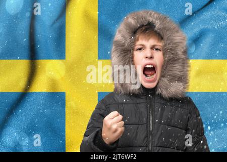 Kalter Winter und die Folgen von Gassanktionen, die Folgen des Krieges in der Ukraine, der Mangel an Gas und Wärme in Schweden., Kinderprotest Stockfoto