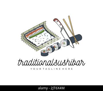 Sushi-Küche, Fisch, Avocado, Reis und Nori-Blatt auf der Matte, Logo-Design. Schneiden von Sushi-Rollen mit Messer und Essstäbchen, Vektor-Design Stock Vektor
