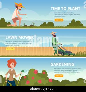 Gartenbanner. Startseite Pflanzen und grünes Gras Pflege Natur im Freien genaue Vektor Cartoon Vorlage mit Platz für Text Stock Vektor