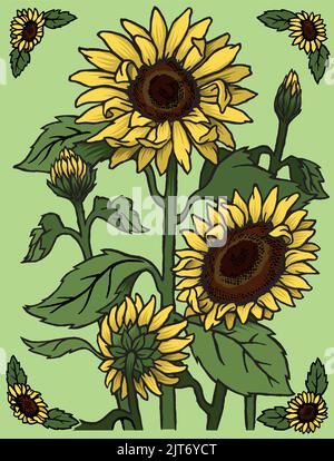 Eine Vektorgrafik Holzschnitt-Illustration eines Strauß Sommersonnenblumen. Stock Vektor