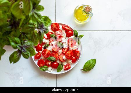 caprese Salade serviert auf einem Teller unter einer Basilikumpflanze, Hausgarten-Konzept, Draufsicht Stockfoto