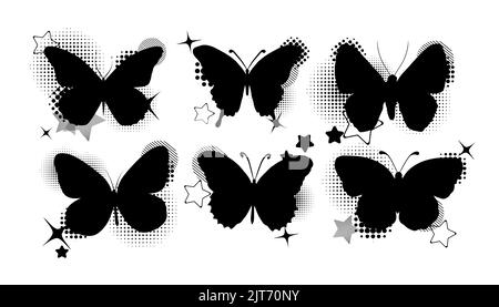 Silhouette eines Schmetterlings. Set von Schmetterlingen in verschiedenen Formen. Monochrome Vektorgrafik auf weißem Hintergrund. Stock Vektor