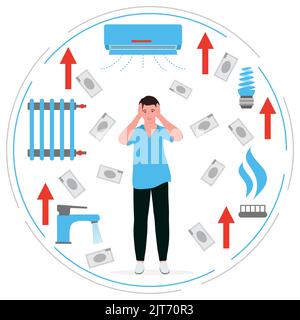 Vektorgrafik der Mensch ist aufgebracht. Steigende Preise. Hohe Preise für natürliche Ressourcen. Verbindlichkeiten von Energieversorgungsunternehmen. Einsparung von Haushaltsbudget. Höhere Kosten. Geld. Gestresst Stock Vektor
