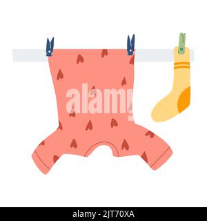 Nasse Kleidung zum Aufhängen und Trocknen auf dem Trockengestell im Cartoon-Flat-Stil. Vektor Illustration von bunten T-Shirt und Socken mit Wäscheklammern an einem Seil. Stock Vektor