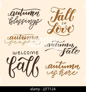 Set von herbstlich inspirierten Phrasen. Inspirierende Herbst handgeschriebene Zitate, Schriftzüge, moderne Pinsel Kalligraphie. Vektorgrafik. Stock Vektor