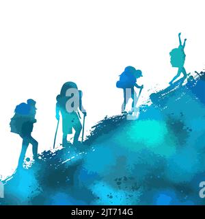 Den blauen Berg von Touristen erklimmen. Erfolg erzielen. Vektorgrafik Stock Vektor