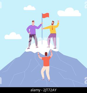 Flagge des Teams. Teamarbeit von Mitarbeitern gemeinsam auf den Berggipfel aufsteigen, Führungskräfte-Incentive-Unternehmen erreichen Erfolge in der Cloud, Führungskarriere Konzeptvektor Illustration des Teamwork-Ergebnisses Stock Vektor