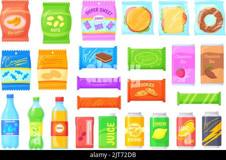 Verkaufsartikel. Sandwich Chips Snacks Pakete, Süßigkeiten Snack in Wrapper-Paket Lebensmittel-Bar-Maschine, Wasser Getränke Saft Limonade Getränke knackig Cracker Verpackung, Vektor-Illustration von Sandwich und Paket Stock Vektor