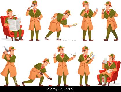 Cartoon sherlock. Detective englisch Buch Romane, professionelle sleuth holmes in Hut, Denken Lupe Privatdetektiv Polizei Inspektor Konzept Vektor Illustration von Detektiv Vergrößerungen Stock Vektor