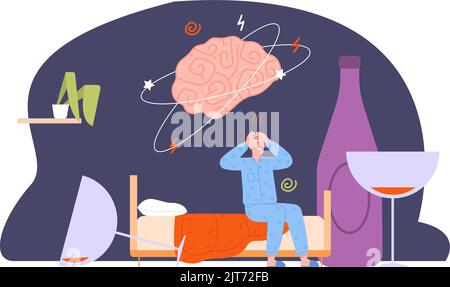 Alkoholischer Kater. Betrunkener Mann in Pyjama krank nach Missbrauch Alkohol, Schaden Gesundheit Gehirn schlechte Angewohnheit Weinflasche trinken traurige Süchtige Trinker starker Alkoholismus, Vektor-Illustration von alkoholischem Kater Stock Vektor