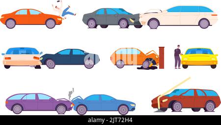 Verkehrsunfälle. Gebrochene Crash-Autos Straßenverkehrsunfall, Versicherungsschaden gefährliches Wrack Fahrzeug Autodiebe verletzt Fußgänger Zusammenbruch Automobil Splendid Vektor-Illustration des Crash auf der Straße Stock Vektor