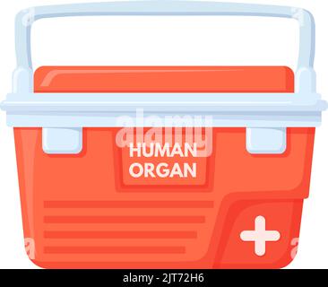 Organtransplantationsbox. Transport Kühltasche für Spenderorgane, medizinische rote Kühllagerung von Spendertransplantationen, Kühlschrankversand menschliches Herz oder Blutvektor Illustration von Box Spendertransplantation Stock Vektor