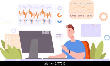 Business Analyst bei Laptop. Professionelle Finanzberater oder Vermarkter arbeiten Tabelle auf Büro-Computer, Datenstatistik Steuer Diagramm Risikobericht Vektor Illustration von Finanzgeschäftsanalysten Stock Vektor