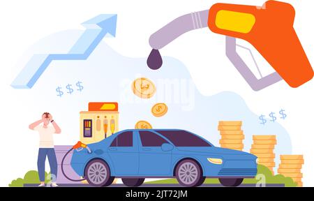 Preisgünstiger Kraftstoff. Das rasant steigende Wachstum kostet Benzin Kfz-Öl Rohölbenzin-Konzept, globaler Anstieg der Energiepreise, Schock Autofahrer auf Wirtschaft Kraftstoff Vektor Illustration von hohen Preis Erdöl Stock Vektor