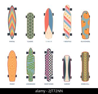 Farbiger Skateboard-Satz. Cartoon gemusterter Longboards, dekorative Skateboards, verschiedene Typen, Teenager Hipster Extremsportausrüstung. Vorderansicht Stock Vektor
