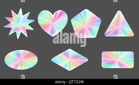 Holographisches Sticker-Set. Gradientenstempel mit silbernem Etikett. Abzeichen mit Metallstruktur. Schillernde Regenbogenfolie in verschiedenen geometrischen Formen. Vector Neon Stock Vektor