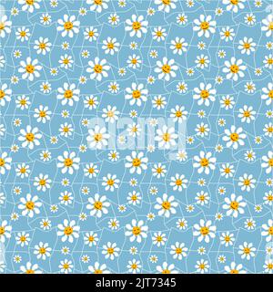 Kleine weiße Gänseblümchen und Smiley auf einem blauen abstrakten Hintergrund. Vektorzeichnung. Stock Vektor