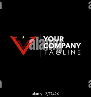 Ein Logo mit dem roten Anfangsbuchstaben V, einem Stern und einem editierbaren Text auf schwarzem Hintergrund Stock Vektor