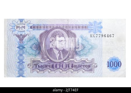 Altes Geld MMM Mavrodi auf weißem Hintergrund, isolierte Banknoten aus Russland. Die russische Finanzpyramide von 1994 Stockfoto