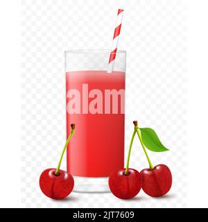Glas frischen Kirschsaft mit Beeren und gestreiftem Stroh für Cocktails, isoliert auf transparentem Hintergrund. Smoothies aus roter Kirsche. Realistische 3D ve Stock Vektor