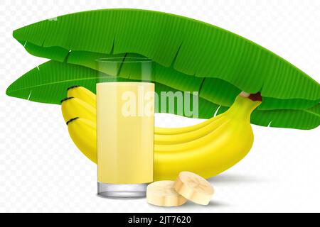 Obst gesunder Bananensaft oder Bananenmoothie im Glas. Bananenbündel, Blätter von einer Bananenpalme. Realistische 3D-Vektor-Illustration isoliert auf tran Stock Vektor