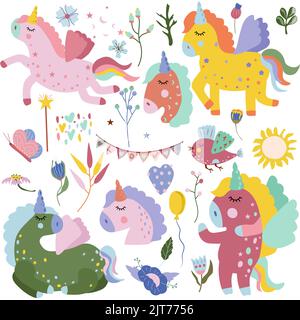 Niedliche bunte Einhorn mit Regenbogen der Schwanz, Vogel, Schmetterling, Blumen und Köpfe Pferd in Cartoon-Stil. Magische Pferde in verschiedenen Posen. Vektorgrafik. Stock Vektor