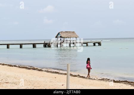 Pigeon Point, Tobago - 12. Juli 2022 - die ikonische Landungsbrücke im Pigeon Point Heritage Park an der Westküste von Tobago. Stockfoto