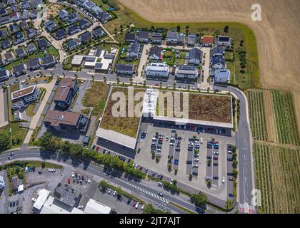 Luftaufnahme, lokales Versorgungszentrum mit Rewe, Rossmann und Aldi, Höseler Straße, Heiligenhaus, Ruhrgebiet, Nordrhein-Westfalen, Deutschland, DE, Einkaufen, Stockfoto