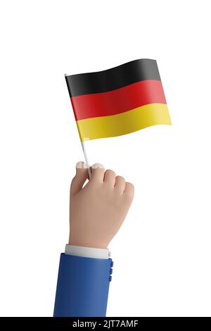 Cartoon-Hand mit der Flagge Deutschlands. 3D Abbildung. Stockfoto