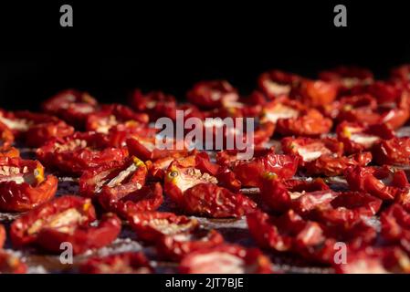 Nahaufnahme und Hintergrund von Tomaten liegen in der Sonne zum Trocknen. Der Hintergrund ist schwarz. Stockfoto