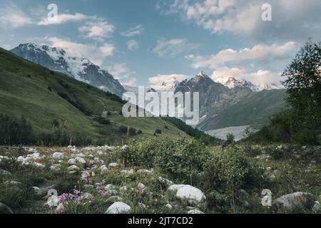 Ein herrlicher Blick auf den Shkhara-Gletscher im Greater Caucasus Mountain Range in Georgien, Svaneti Region, Ushguli. Schneebedeckte Berge. Mount Shkhar Stockfoto