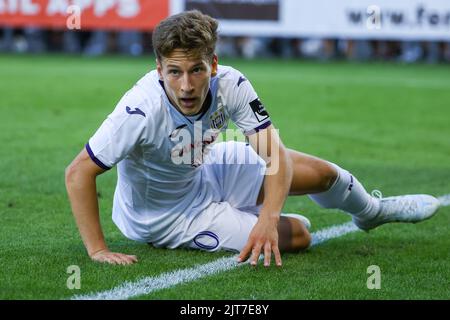 Brüssel, Belgien. 28. August 2022. Anderlechts Yari Verschaeren, aufgenommen während eines Fußballmatches zwischen Royale Union Saint-Gilloise und RSC Anderlecht, Sonntag, 28. August 2022 in Brüssel, am 6. Tag der ersten Division der belgischen Meisterschaft 2022-2023 in der 'Jupiler Pro League'. BELGA FOTO DAVID PINTENS Kredit: Belga Nachrichtenagentur/Alamy Live News Stockfoto