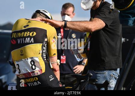 Spanien. 28. August 2022. Der Niederländer Mike Teunissen von Jumbo-Visma, abgebildet nach der Etappe 9 der Ausgabe 2022 der „Vuelta a Espana“, Rundfahrt durch Spanien, von Villaviciosa nach Les Praeres, Nava (171,4 km), Spanien, Sonntag, 28. August 2022. BELGA FOTO DAVID STOCKMAN Kredit: Belga Nachrichtenagentur/Alamy Live News Stockfoto